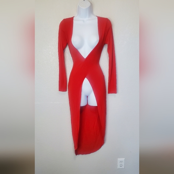 Poetry Red Sexy Long Sleeve Bodycon Asymetrical Hi Lo Duster Top With Train - Picture 1 of 7
